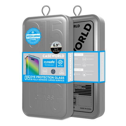 Apple iPhone 16 Pro Max CaseWorld 3D Eyesafe Mavi Işık Teknolojili 0.15mm Temperli Cam Ekran Koruyucu + Uygulama Aparatı Şeffaf