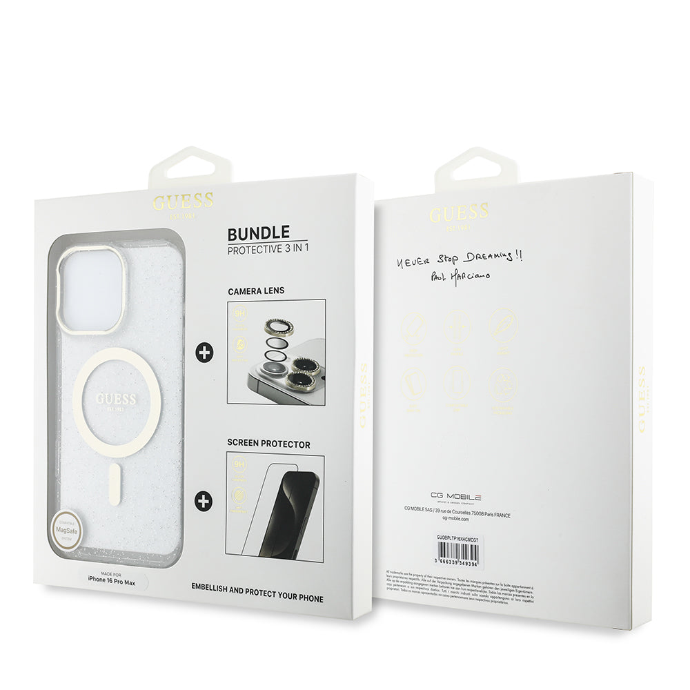 Apple iPhone 16 Pro Max Guess Orjinal Lisanslı 3'lü Aksesuar Seti IML Baskılı Simli Glitter Kılıf + Ekran Koruyucu + Lens Koruyucu Şeffaf