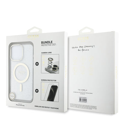 Apple iPhone 16 Pro Max Guess Orjinal Lisanslı 3'lü Aksesuar Seti IML Baskılı Simli Glitter Kılıf + Ekran Koruyucu + Lens Koruyucu Şeffaf