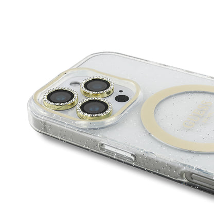 Apple iPhone 16 Pro Max Guess Orjinal Lisanslı 3'lü Aksesuar Seti IML Baskılı Simli Glitter Kılıf + Ekran Koruyucu + Lens Koruyucu Şeffaf