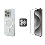 Apple iPhone 16 Pro Max Guess Orjinal Lisanslı 3'lü Aksesuar Seti IML Baskılı Simli Glitter Kılıf + Ekran Koruyucu + Lens Koruyucu Şeffaf