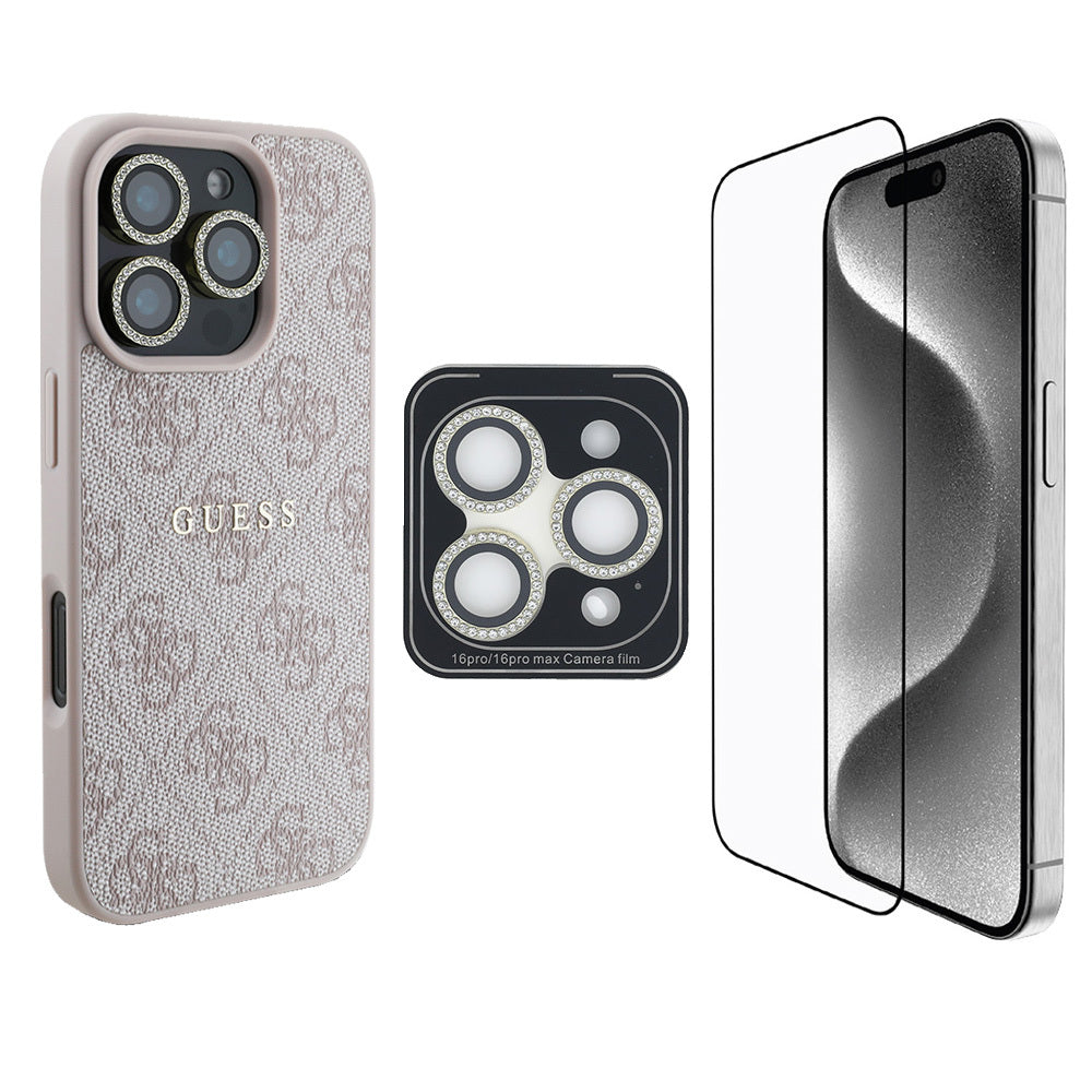Apple iPhone 16 Pro Max Guess Orjinal Lisanslı Kılıf + Ekran Koruyucu + Lens Koruyucu 3in1 Aksesuar Seti Siyah