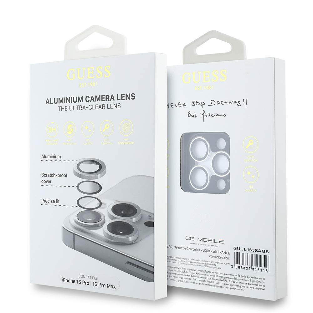 Apple iPhone 16 Pro Max Guess Orjinal Lisanslı Metal Kamera Lens Koruyucu Gümüş