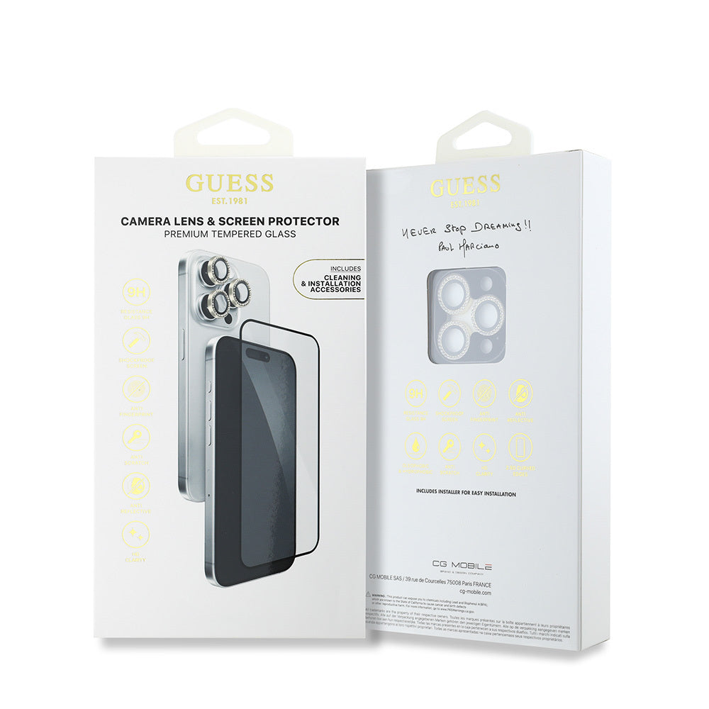 Apple iPhone 16 Pro Max Guess Orjinal Lisanslı Rhinestone Ekran Koruyucu + Lens Koruyucu 2in1 Aksesuar Seti Gold