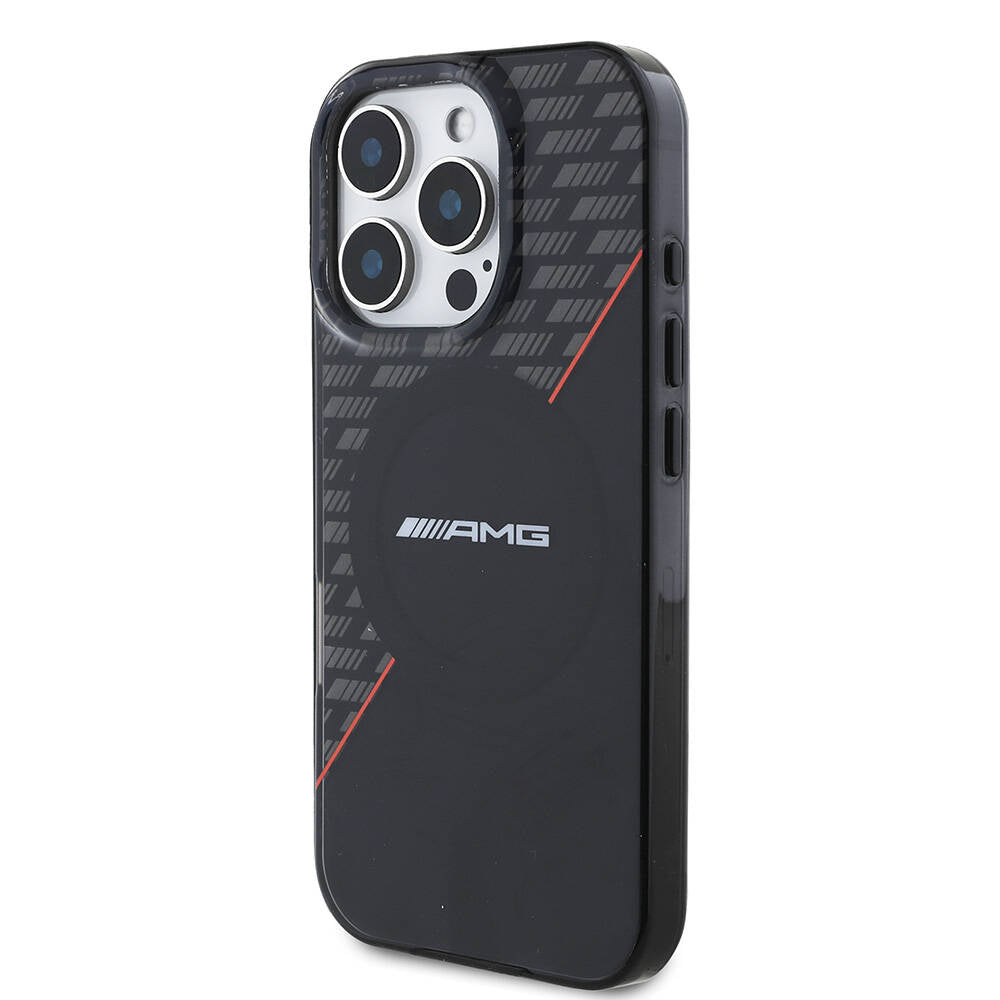Apple iPhone 16 Pro Max Kılıf AMG Orjinal Lisanslı M-safe Şarj Özellikli Çift Katmanlı Kırmızı Çapraz Çizgili Kapak Siyah-Kırmızı