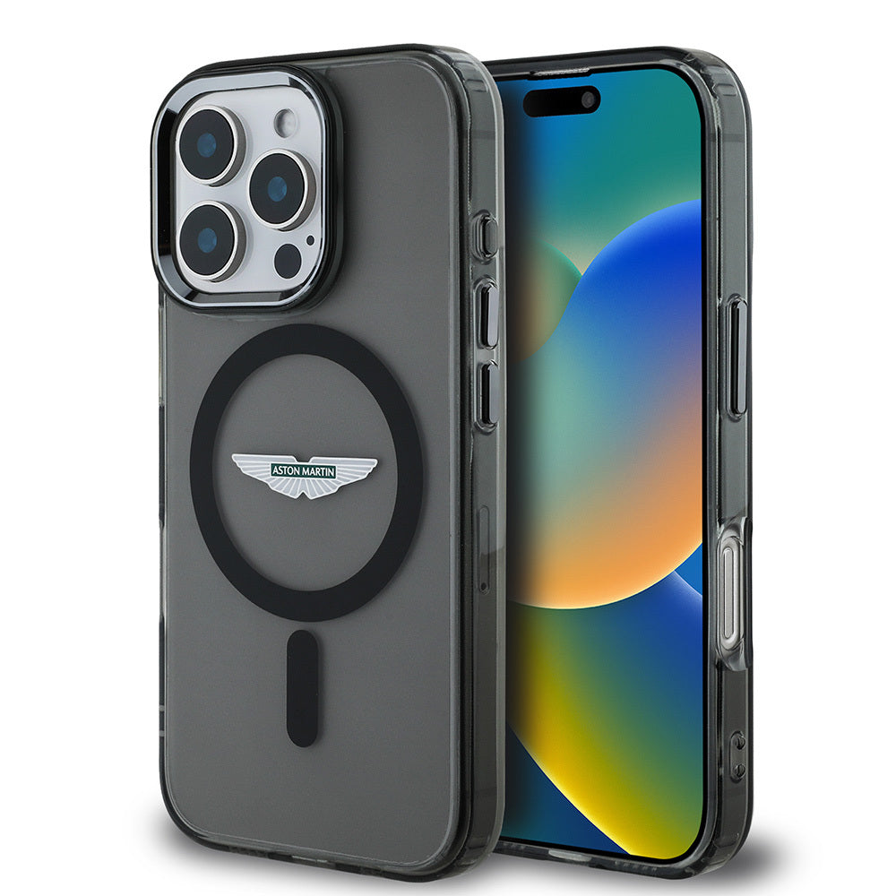 Apple iPhone 16 Pro Max Kılıf Aston Martin Orjinal Lisanslı M-safe Şarj Özellikli IML Baskı Logolu Buzlu Kapak Siyah