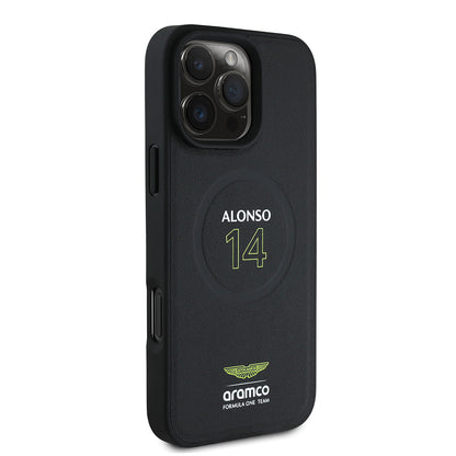 Apple iPhone 16 Pro Max Kılıf Aston Martin Orjinal Lisanslı M-safe Şarj Özellikli PU Deri Alonso 14 Baskılı Kapak Siyah