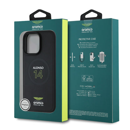 Apple iPhone 16 Pro Max Kılıf Aston Martin Orjinal Lisanslı M-safe Şarj Özellikli PU Deri Alonso 14 Baskılı Kapak Siyah