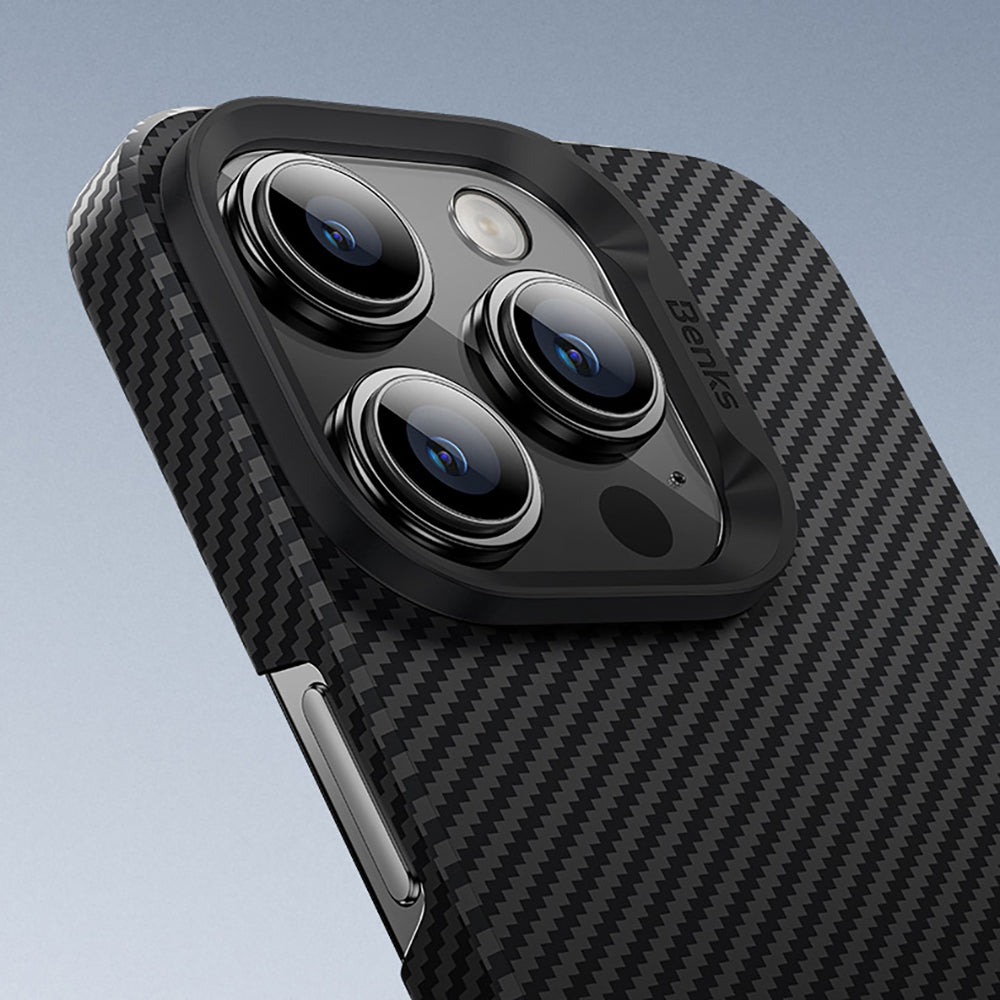 Apple iPhone 16 Pro Max Kılıf Benks M-safe Şarj Özellikli Metal Kamera Çerçeveli Magnetik ArmorAir 600D Kevlar Fiber Kapak Siyah