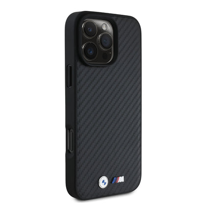 Apple iPhone 16 Pro Max Kılıf BMW Orjinal Lisanslı Karbon Fiber Tasarımlı ve Metal Logolu PU Deri Kapak Siyah