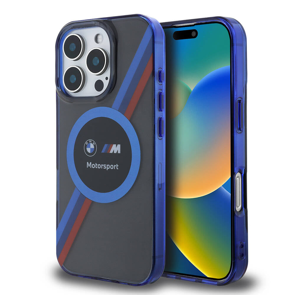 Apple iPhone 16 Pro Max Kılıf BMW Orjinal Lisanslı M-safe Şarj Özellikli M Logolu Üç Renk Çizgili Motorsport Circle Kapak