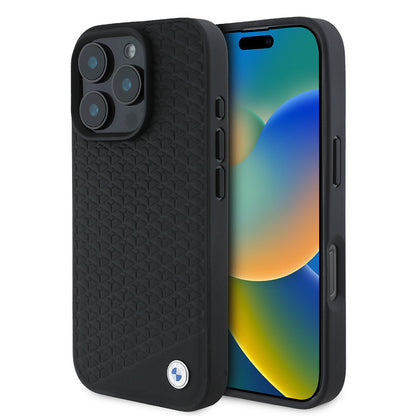 Apple iPhone 16 Pro Max Kılıf BMW Orjinal Lisanslı M-safe Şarj Özellikli Metal Logolu Dokulu Diamond Deri Kapak