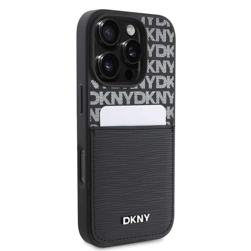 Apple iPhone 16 Pro Max Kılıf DKNY Orjinal Lisanslı Kartlıklı 3D Yazılı Repeat Texture Pattern Kapak Siyah