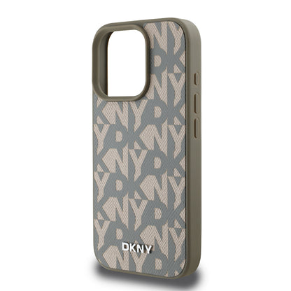 Apple iPhone 16 Pro Max Kılıf DKNY Orjinal Lisanslı M-safe Şarj Özellikli 3D Yazılı Grid Pattern Kapak Kahverengi