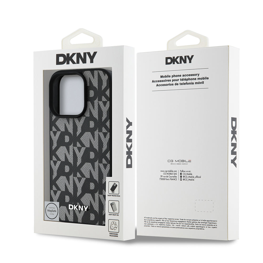 Apple iPhone 16 Pro Max Kılıf DKNY Orjinal Lisanslı M-safe Şarj Özellikli 3D Yazılı Grid Pattern Kapak Kahverengi