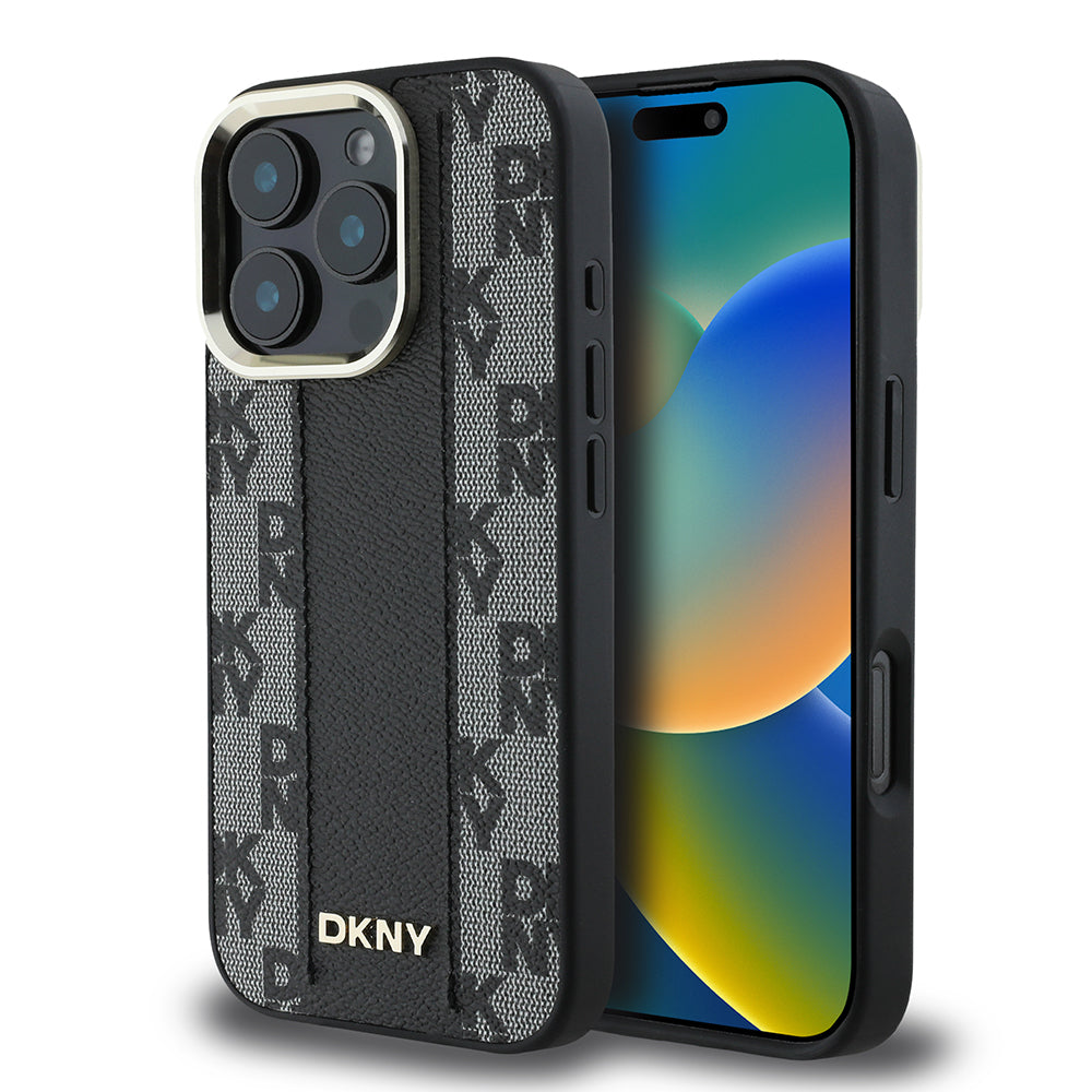 Apple iPhone 16 Pro Max Kılıf DKNY Orjinal Lisanslı M-safe Şarj Özellikli 3D Yazılı Checkered Pattern Kapak Bej