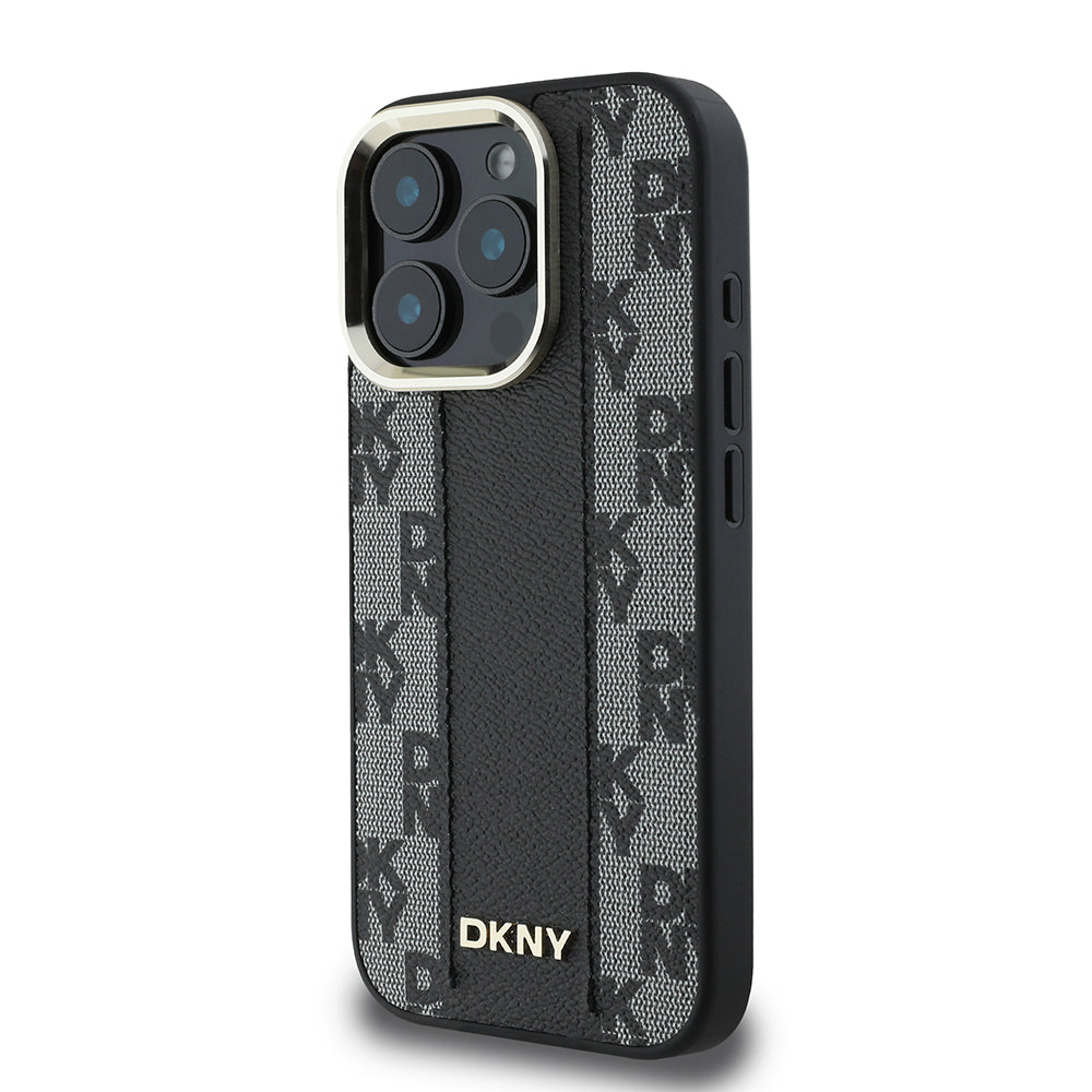 Apple iPhone 16 Pro Max Kılıf DKNY Orjinal Lisanslı M-safe Şarj Özellikli 3D Yazılı Checkered Pattern Kapak Bej