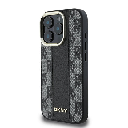 Apple iPhone 16 Pro Max Kılıf DKNY Orjinal Lisanslı M-safe Şarj Özellikli 3D Yazılı Checkered Pattern Kapak Bej