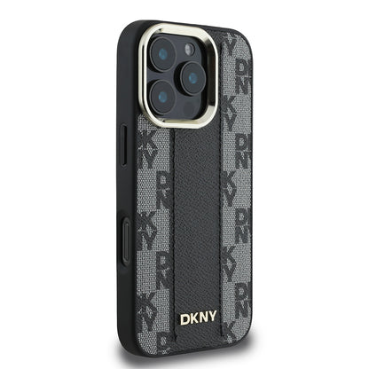 Apple iPhone 16 Pro Max Kılıf DKNY Orjinal Lisanslı M-safe Şarj Özellikli 3D Yazılı Checkered Pattern Kapak Bej