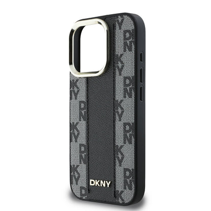 Apple iPhone 16 Pro Max Kılıf DKNY Orjinal Lisanslı M-safe Şarj Özellikli 3D Yazılı Checkered Pattern Kapak Bej