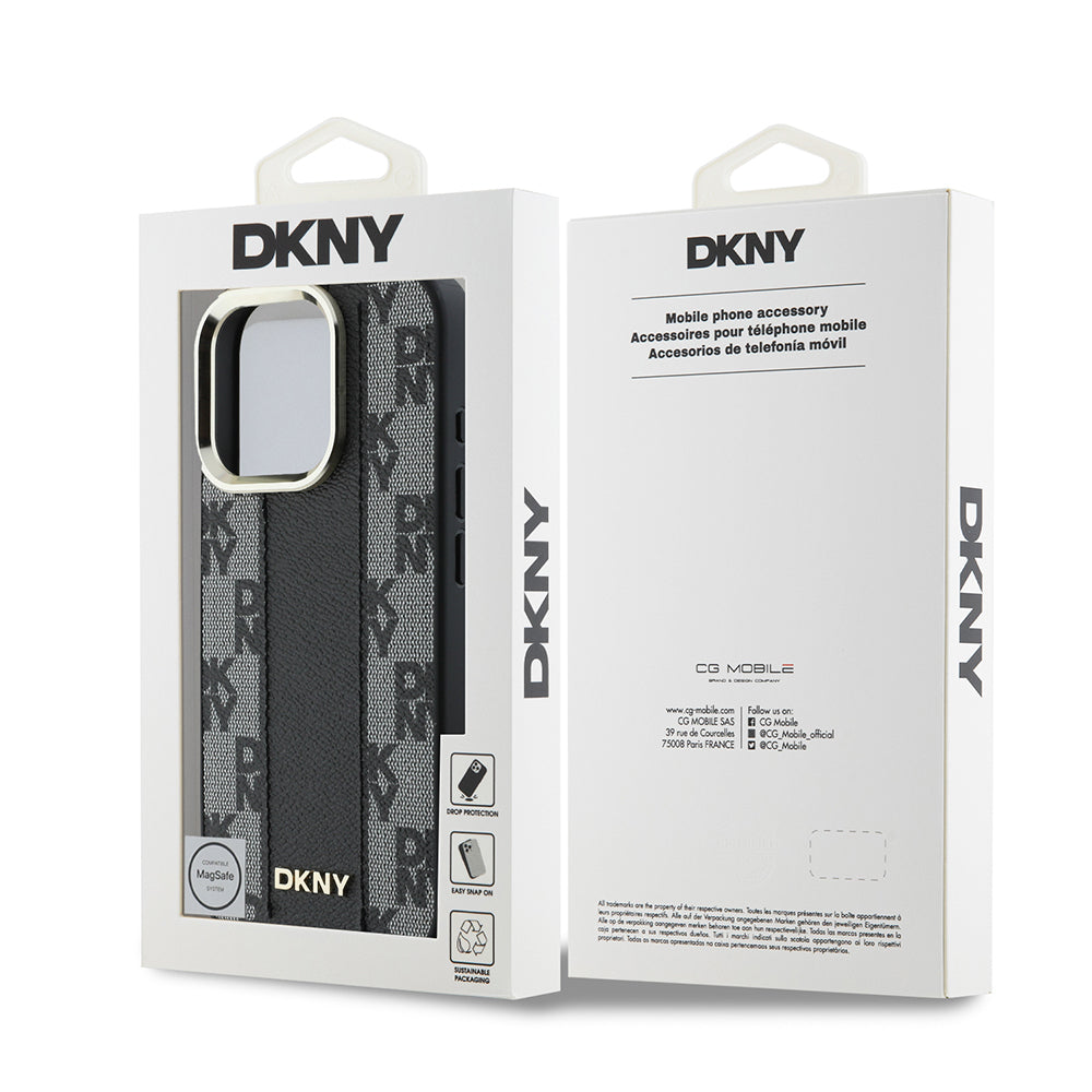 Apple iPhone 16 Pro Max Kılıf DKNY Orjinal Lisanslı M-safe Şarj Özellikli 3D Yazılı Checkered Pattern Kapak Bej