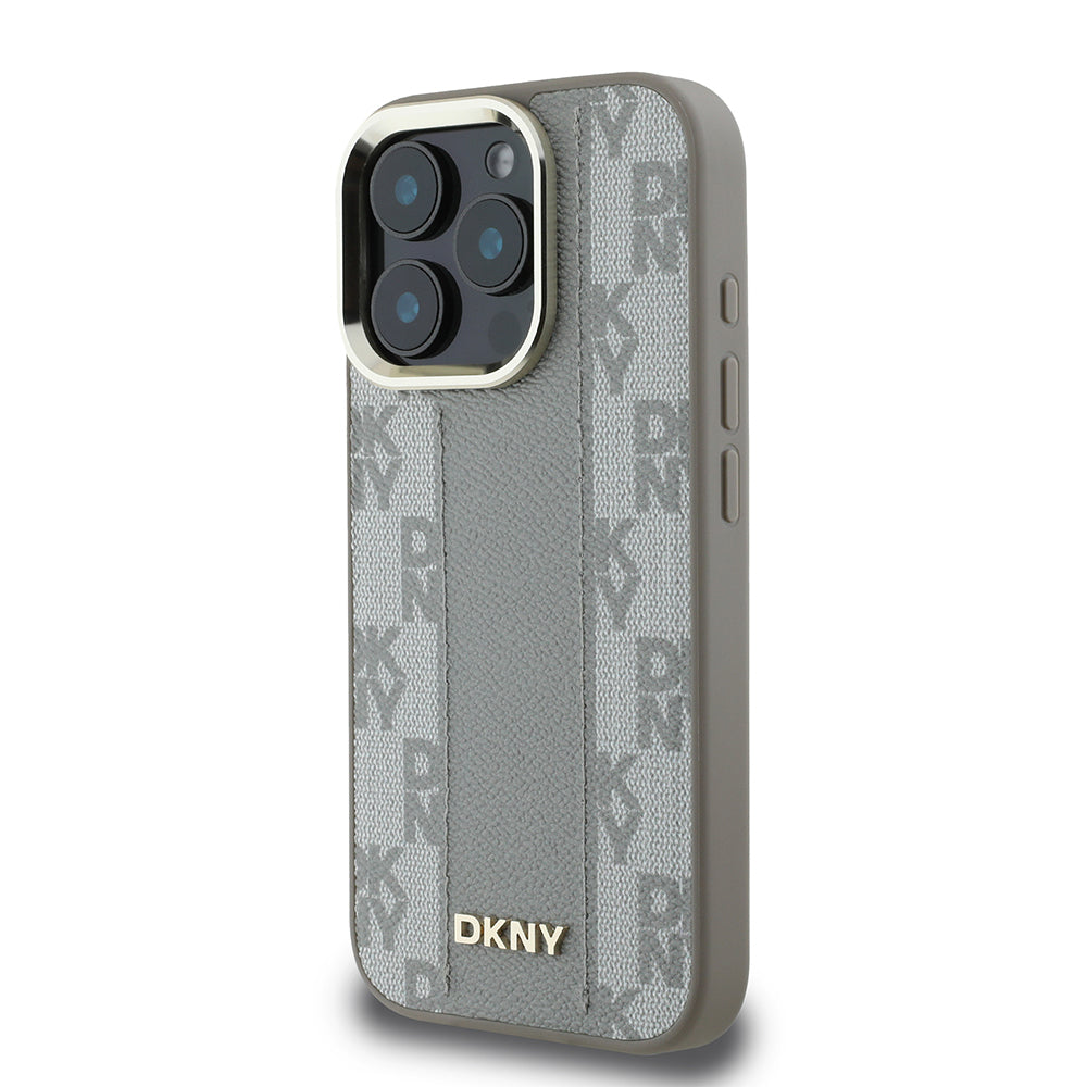 Apple iPhone 16 Pro Max Kılıf DKNY Orjinal Lisanslı M-safe Şarj Özellikli 3D Yazılı Checkered Pattern Kapak Bej