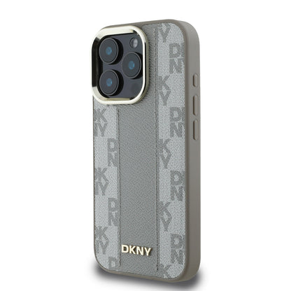 Apple iPhone 16 Pro Max Kılıf DKNY Orjinal Lisanslı M-safe Şarj Özellikli 3D Yazılı Checkered Pattern Kapak Bej