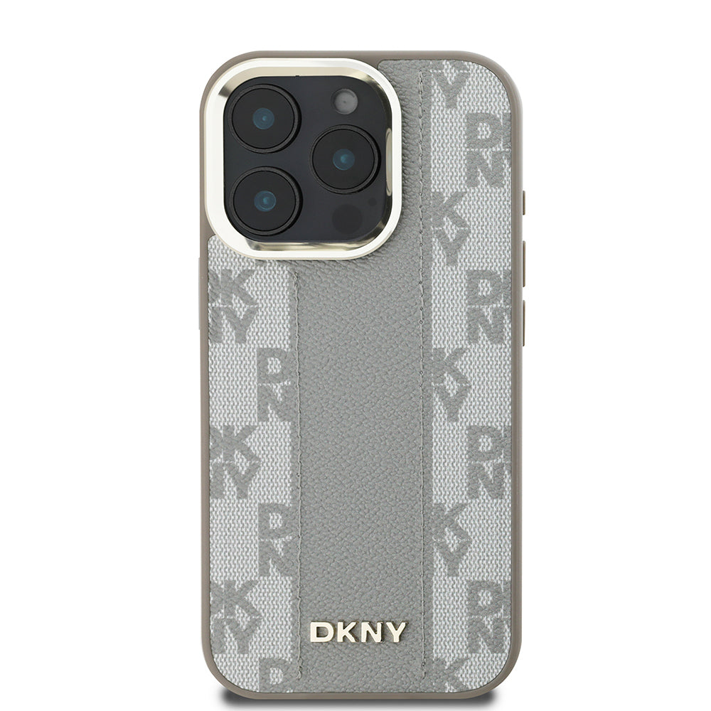 Apple iPhone 16 Pro Max Kılıf DKNY Orjinal Lisanslı M-safe Şarj Özellikli 3D Yazılı Checkered Pattern Kapak Bej