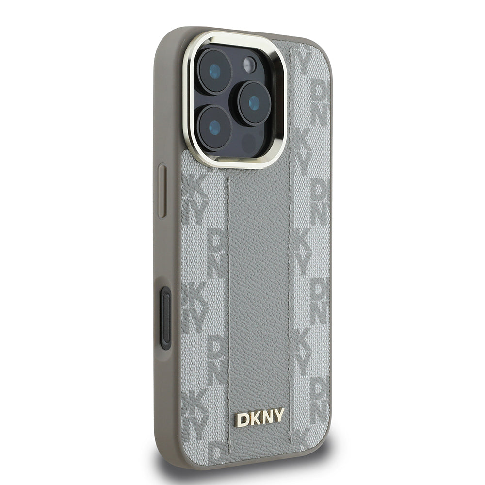 Apple iPhone 16 Pro Max Kılıf DKNY Orjinal Lisanslı M-safe Şarj Özellikli 3D Yazılı Checkered Pattern Kapak Bej