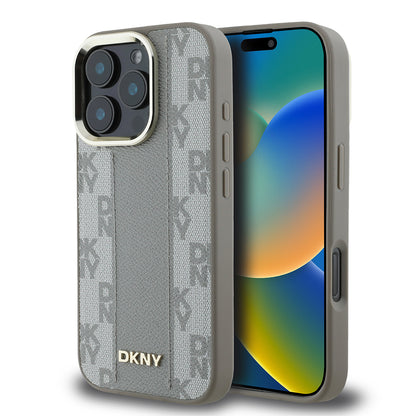 Apple iPhone 16 Pro Max Kılıf DKNY Orjinal Lisanslı M-safe Şarj Özellikli 3D Yazılı Checkered Pattern Kapak Bej
