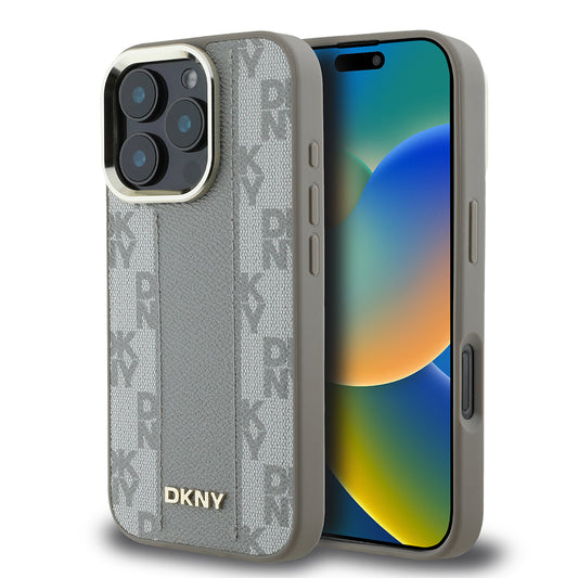 Apple iPhone 16 Pro Max Kılıf DKNY Orjinal Lisanslı M-safe Şarj Özellikli 3D Yazılı Checkered Pattern Kapak Bej