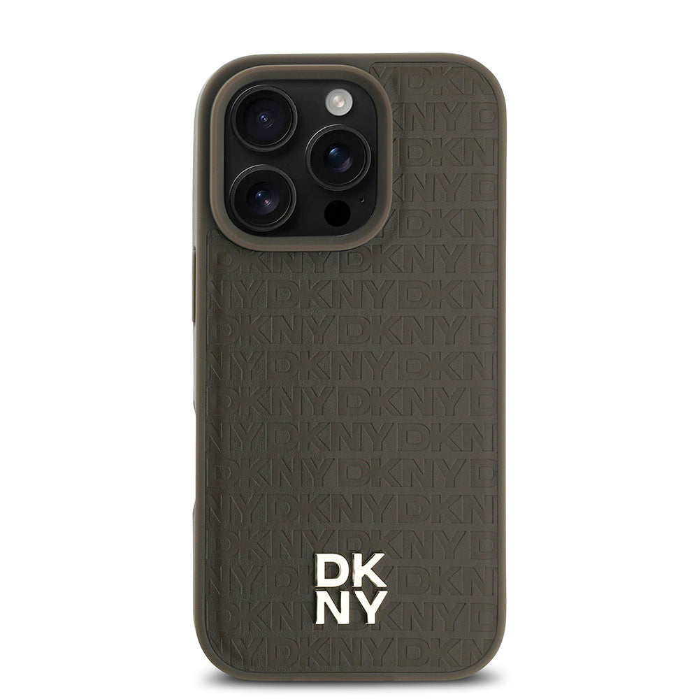 Apple iPhone 16 Pro Max Kılıf DKNY Orjinal Lisanslı M-safe Şarj Özellikli 3D Yazılı Repeat Pattern Kapak Siyah