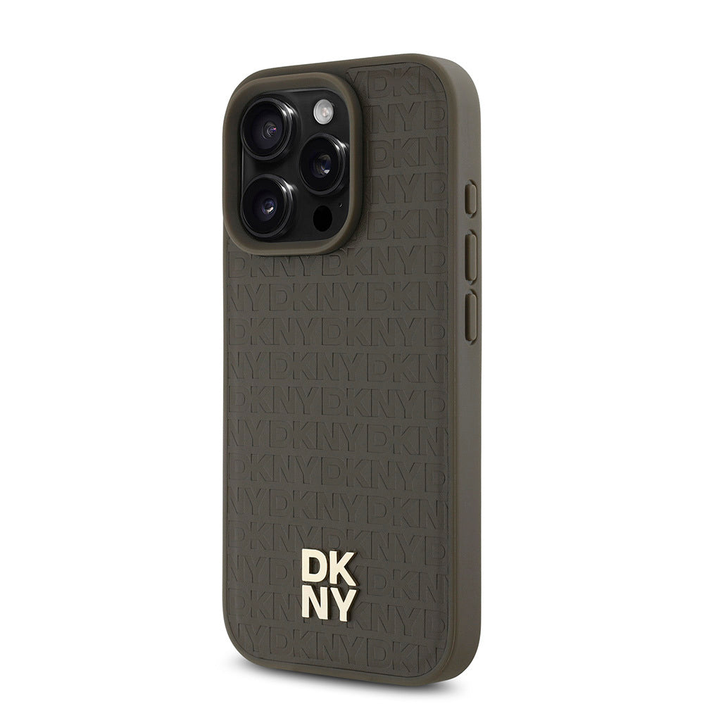 Apple iPhone 16 Pro Max Kılıf DKNY Orjinal Lisanslı M-safe Şarj Özellikli 3D Yazılı Repeat Pattern Kapak Kahverengi