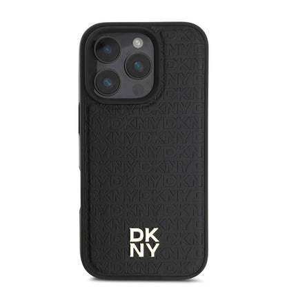 Apple iPhone 16 Pro Max Kılıf DKNY Orjinal Lisanslı M-safe Şarj Özellikli 3D Yazılı Repeat Pattern Kapak Siyah
