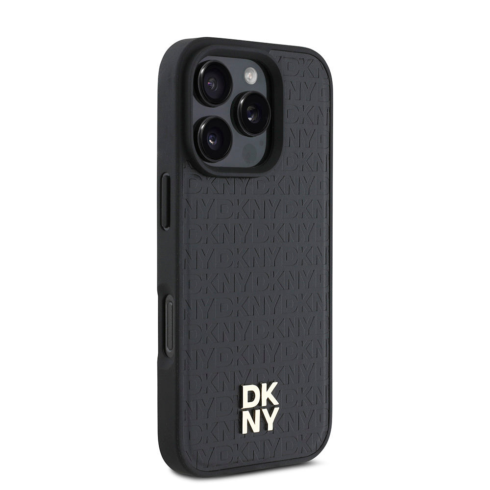 Apple iPhone 16 Pro Max Kılıf DKNY Orjinal Lisanslı M-safe Şarj Özellikli 3D Yazılı Repeat Pattern Kapak Kahverengi