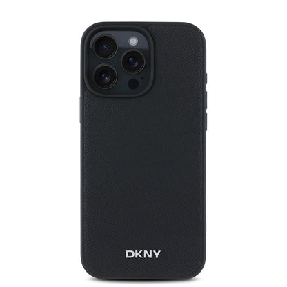 Apple iPhone 16 Pro Max Kılıf DKNY Orjinal Lisanslı M-safe Şarj Özellikli Metal Logolu PU Deri Grained Kapak Siyah