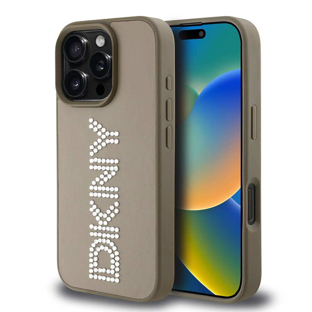Apple iPhone 16 Pro Max Kılıf DKNY Orjinal Lisanslı Taşlı DKNY Yazılı Metalik Rhinestones PU Deri Kapak Kahverengi