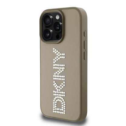 Apple iPhone 16 Pro Max Kılıf DKNY Orjinal Lisanslı Taşlı DKNY Yazılı Metalik Rhinestones PU Deri Kapak Kahverengi