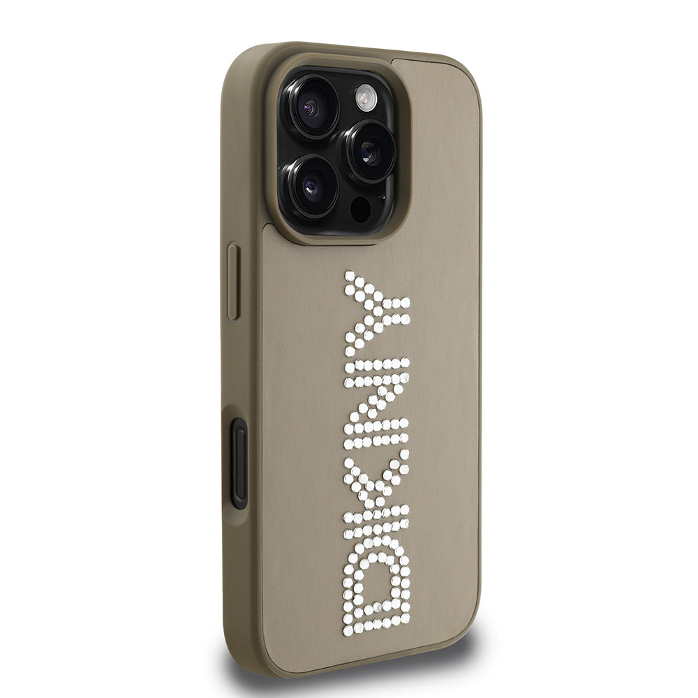 Apple iPhone 16 Pro Max Kılıf DKNY Orjinal Lisanslı Taşlı DKNY Yazılı Metalik Rhinestones PU Deri Kapak Kahverengi