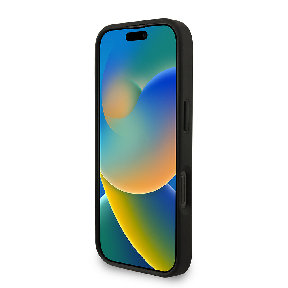 Apple iPhone 16 Pro Max Kılıf Guess Orjinal Lisanslı M-safe Şarj Özellikli PU Deri Bilek Askı İpli Yazı Logolu Kapak Siyah