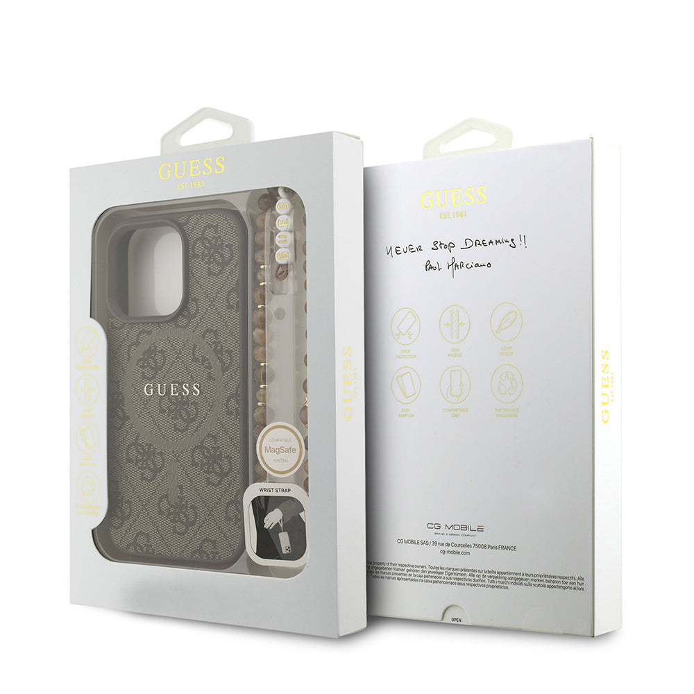 Apple iPhone 16 Pro Max Kılıf Guess Orjinal Lisanslı M-safe Şarj Özellikli PU Deri Bilek Askı İpli Yazı Logolu Kapak Kahverengi