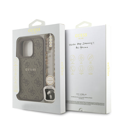 Apple iPhone 16 Pro Max Kılıf Guess Orjinal Lisanslı M-safe Şarj Özellikli PU Deri Bilek Askı İpli Yazı Logolu Kapak Pembe