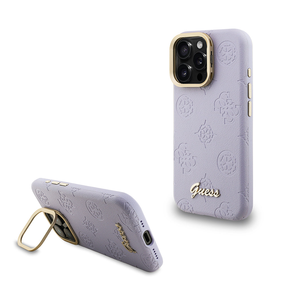 Apple iPhone 16 Pro Max Kılıf Guess Orjinal Lisanslı M-safe Şarj Özellikli Sıcak Baskılı Yazı Logolu Kamera Standlı PU Deri Peony Kapak Bej