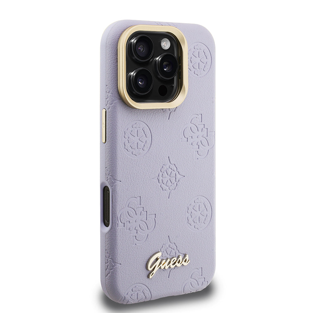 Apple iPhone 16 Pro Max Kılıf Guess Orjinal Lisanslı M-safe Şarj Özellikli Sıcak Baskılı Yazı Logolu Kamera Standlı PU Deri Peony Kapak Pembe