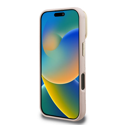 Apple iPhone 16 Pro Max Kılıf Guess Orjinal Lisanslı M-safe Şarj Özellikli Sıcak Baskılı Yazı Logolu Kamera Standlı PU Deri Peony Kapak Bej