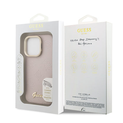 Apple iPhone 16 Pro Max Kılıf Guess Orjinal Lisanslı M-safe Şarj Özellikli Sıcak Baskılı Yazı Logolu Kamera Standlı PU Deri Peony Kapak Siyah