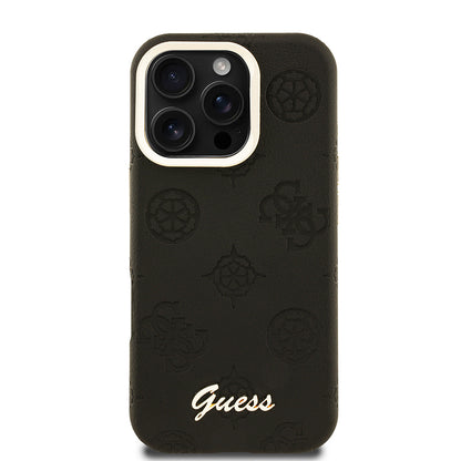 Apple iPhone 16 Pro Max Kılıf Guess Orjinal Lisanslı M-safe Şarj Özellikli Sıcak Baskılı Yazı Logolu Kamera Standlı PU Deri Peony Kapak Bej