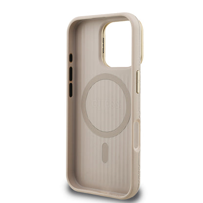 Apple iPhone 16 Pro Max Kılıf Guess Orjinal Lisanslı M-safe Şarj Özellikli Sıcak Baskılı Yazı Logolu Kamera Standlı PU Deri Peony Kapak Siyah