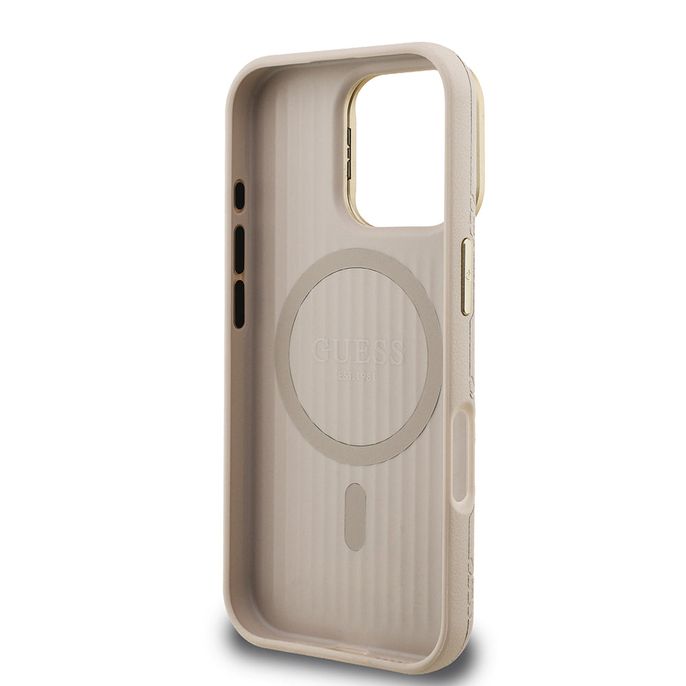 Apple iPhone 16 Pro Max Kılıf Guess Orjinal Lisanslı M-safe Şarj Özellikli Sıcak Baskılı Yazı Logolu Kamera Standlı PU Deri Peony Kapak Mor