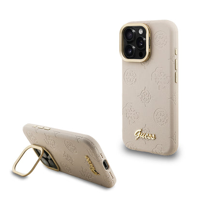 Apple iPhone 16 Pro Max Kılıf Guess Orjinal Lisanslı M-safe Şarj Özellikli Sıcak Baskılı Yazı Logolu Kamera Standlı PU Deri Peony Kapak Bej